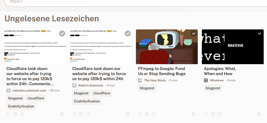 Screenshot of my Readeck instance with data